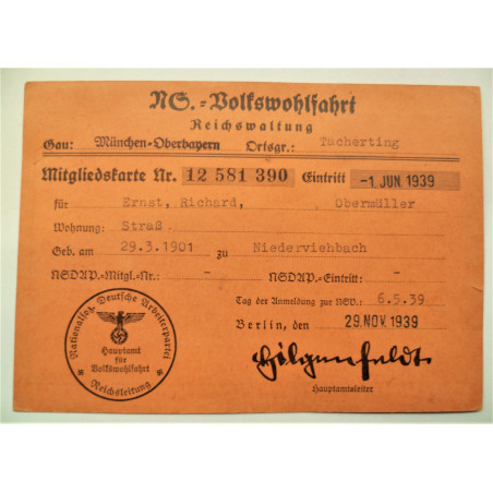 WW2 German NSV Membership Card 1939