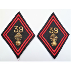 France - Pair 39th Infantry Regiment Cloth Collar Badges