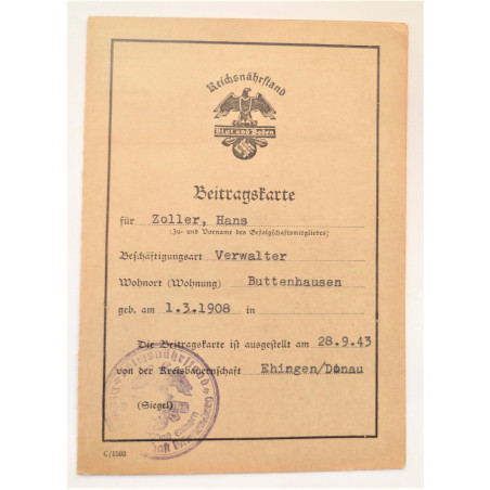 German Reichsnährstand Contribution Booklet