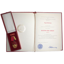 German DDR Banner of Labour 1st Class Medal and Certificate
