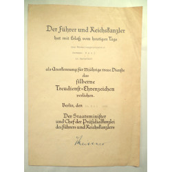 German Third Reich 25 Year Faithful Service Original Citation
