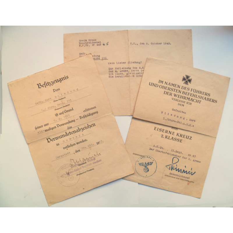 Citations to Corporal Kurt Bliedung Storm Battalion, Iron Cross, Wound Badge