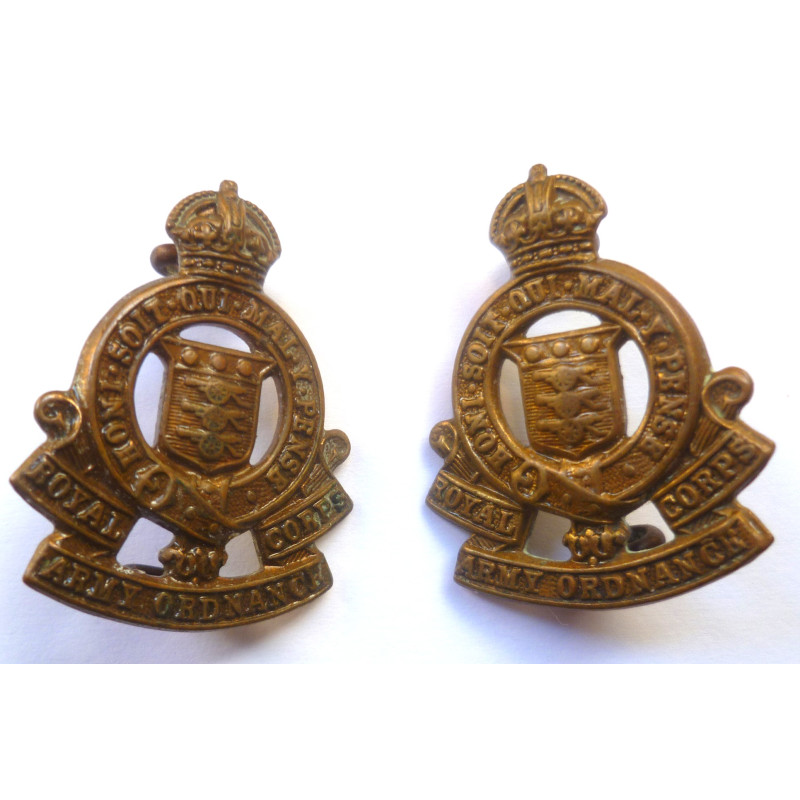 Pair Royal Army Ordnance Corps Collar Badges - British Military Insignia