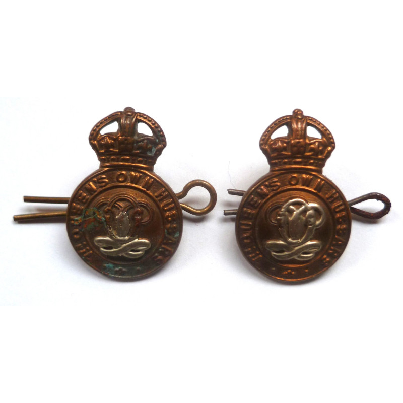 Pair 7th Queen's Own Hussars Collar Cap Badge - British Army Insignia