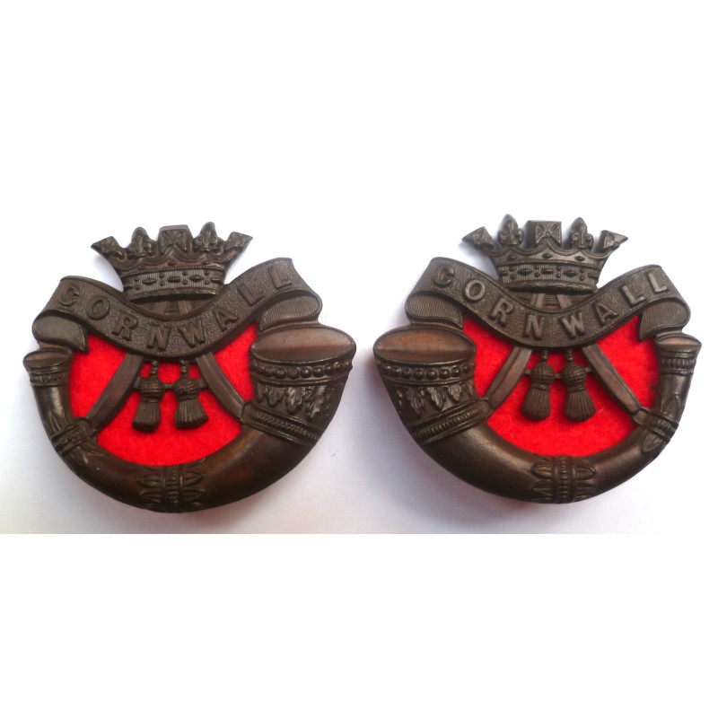 Pair of Duke of Cornwall's Light Infantry Officers Bronze Collar Badges - British Military Insignia