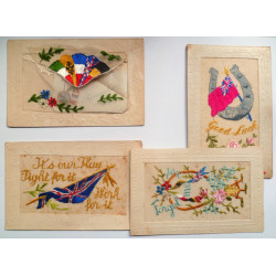 4 WW1 Silk Embroidered Postcards from Pte J Winsoon Leicestershire Regiment KIA - British Military Insignia