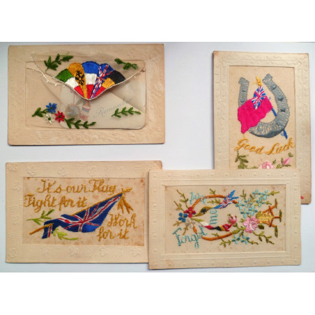 4 WW1 Silk Embroidered Postcards from Pte J Winsoon Leicestershire Regiment KIA - British Military Insignia