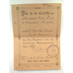 National Registration Act 1915 Certificate - British Army Insignia