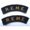 Pair WW2 Royal Electrical Mechanical Engineers Printed Cloth Shoulder Titles -REME- British Military Insignia