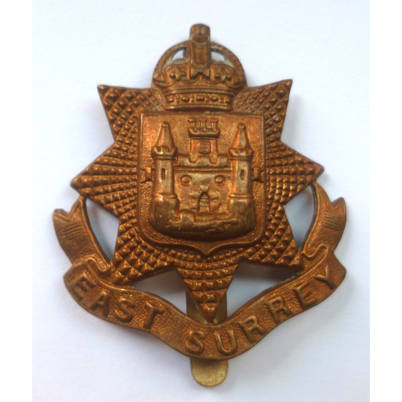 WW1 East Surrey Regiment All Brass Economy Cap Badge - British Army Insignia