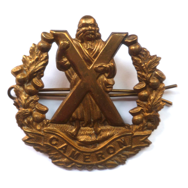 WW1 Cameron Highlanders All Brass Economy Glengarry/Cap Badge - British Army Insignia