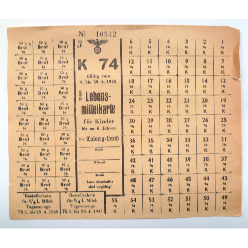 German Food Ration Card April 9 to April 29, 1945 - Third Reich Insignia
