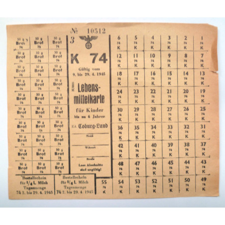 German Food Ration Card April 9 to April 29, 1945 - Third Reich Insignia