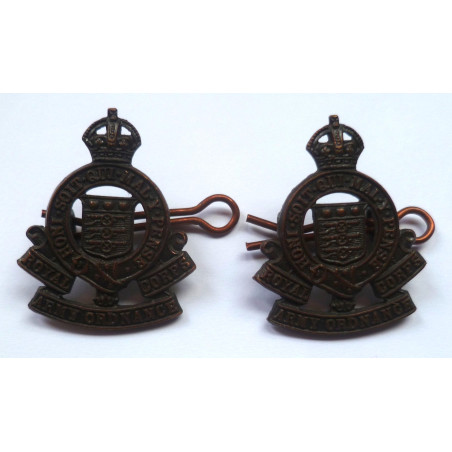 Pair Royal Army Ordnance Corps Officers Bronze Service Dress Collar Badges- British Military Insignia