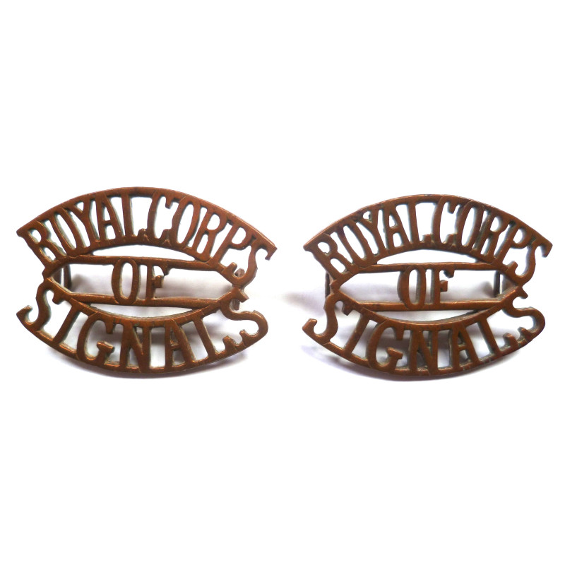 Pair Royal Corps Of Signals Brass Shoulder Titles - British Military Insignia